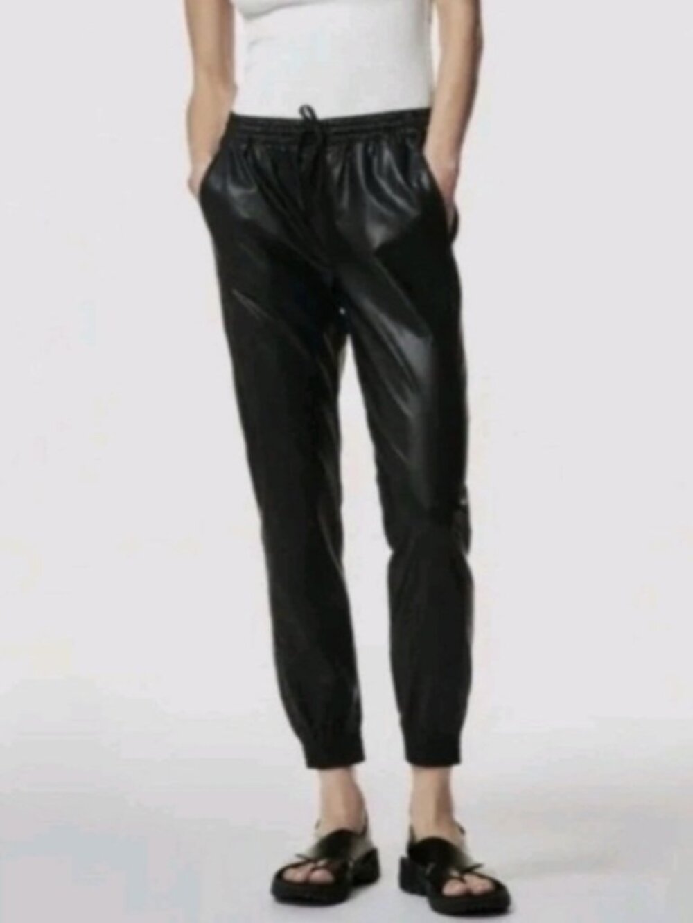 Maison D'Amelie Paris Coated Black Joggers Womens Size XL Faux Leather Pants